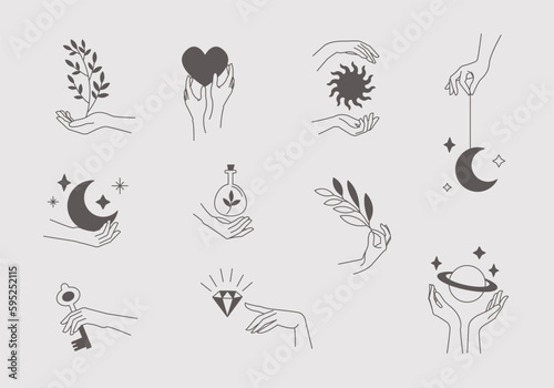 Woman's hand holding moon and stars, leaf, magic mystical symbol. Abstract logo template set for your design, line art style. Vector illustration