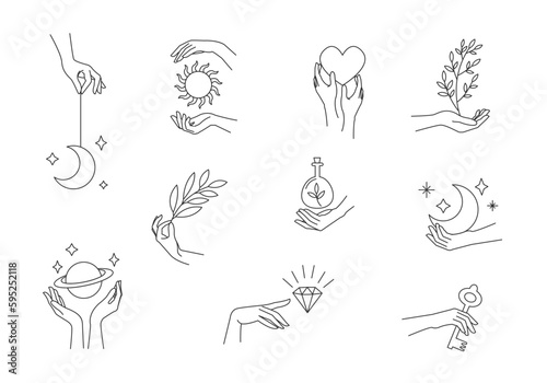 Woman's hand holding moon and stars, magic mystical symbol. Abstract logo template set for your design, line art style. Vector illustration