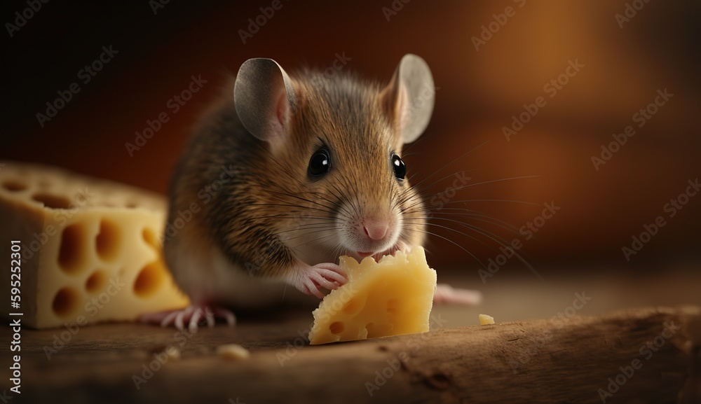 Fototapeta premium A captivating photo of a little brown mouse perched on a wedge of yellow cheese, generative Ai