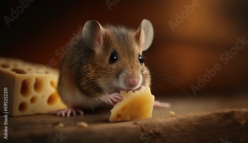 A captivating photo of a little brown mouse perched on a wedge of yellow cheese, generative Ai