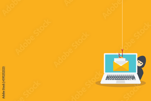 Email data phishing. Cyber thief hide behind Laptop computer. Hacking concept. Vector illustration	