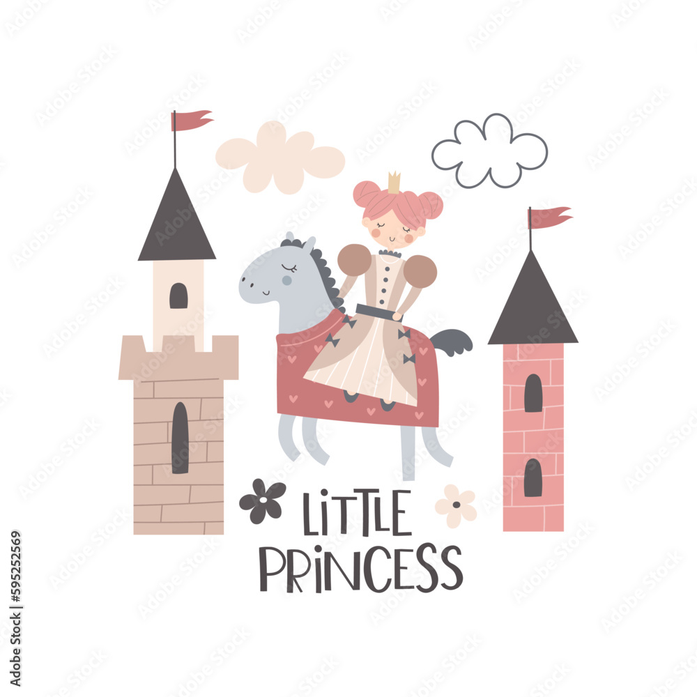 Little princess. cartoon princess, castle, hand drawing lettering, decor elements. colorful vector illustration, flat style. design for cards, t-shirt print, poster