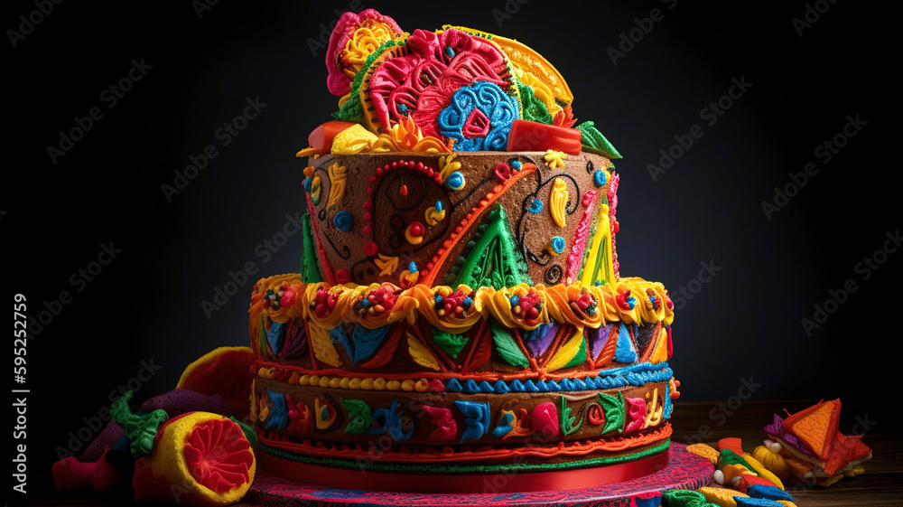 Cinco de Mayo Fiesta Cake, A multi tiered cake adorned with festive elements.