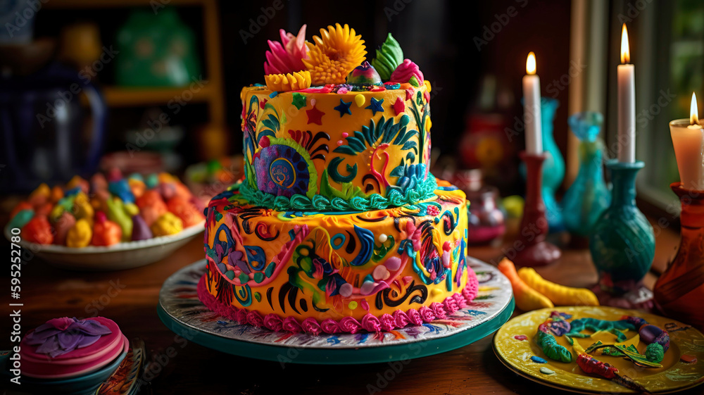 Cinco de Mayo Fiesta Cake, A multi tiered cake adorned with festive elements.