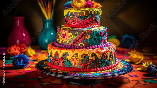 Cinco de Mayo Fiesta Cake, A multi tiered cake adorned with festive elements. © Melipo-Art
