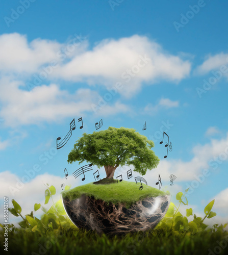 Harmony of nature, music notes on blue sky sourrounding green tree, environment day concept. Generative AI photo