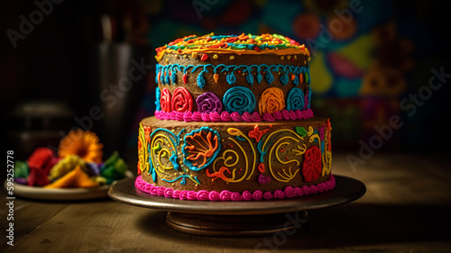 Cinco de Mayo Fiesta Cake, A multi tiered cake adorned with festive elements.