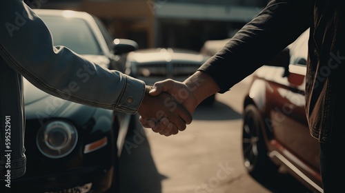 Two men shaking hands in a parking lot, car showroom. AI generated