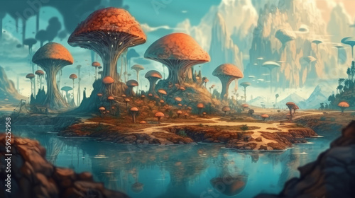 a surreal, fantasy landscape, floating islands made with generative AI--- Desktop background--illustration--Midjoureny