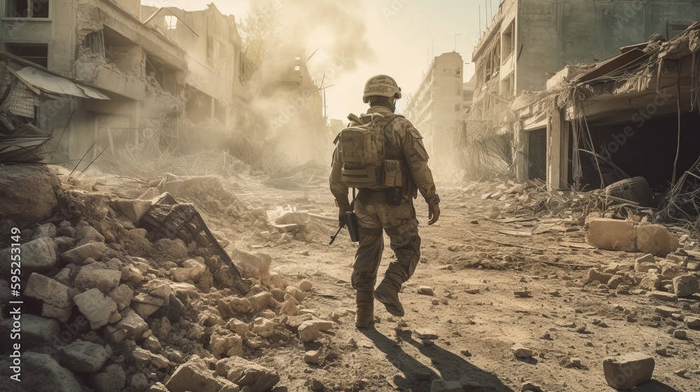 Soldier in action at the ruins of a military base. Concept of terrorism and war. AI generated Soldier in action at the ruins of a military base. Concept of terrorism and war. AI generated