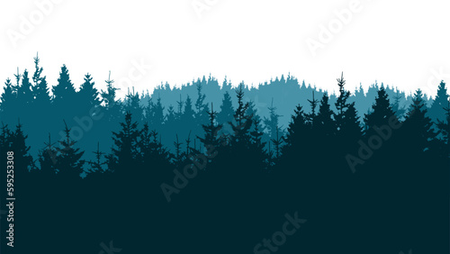 Forest blackforest woods vector illustration banner landscape panorama - Blue silhouette of spruce and fir trees, isolated on white background