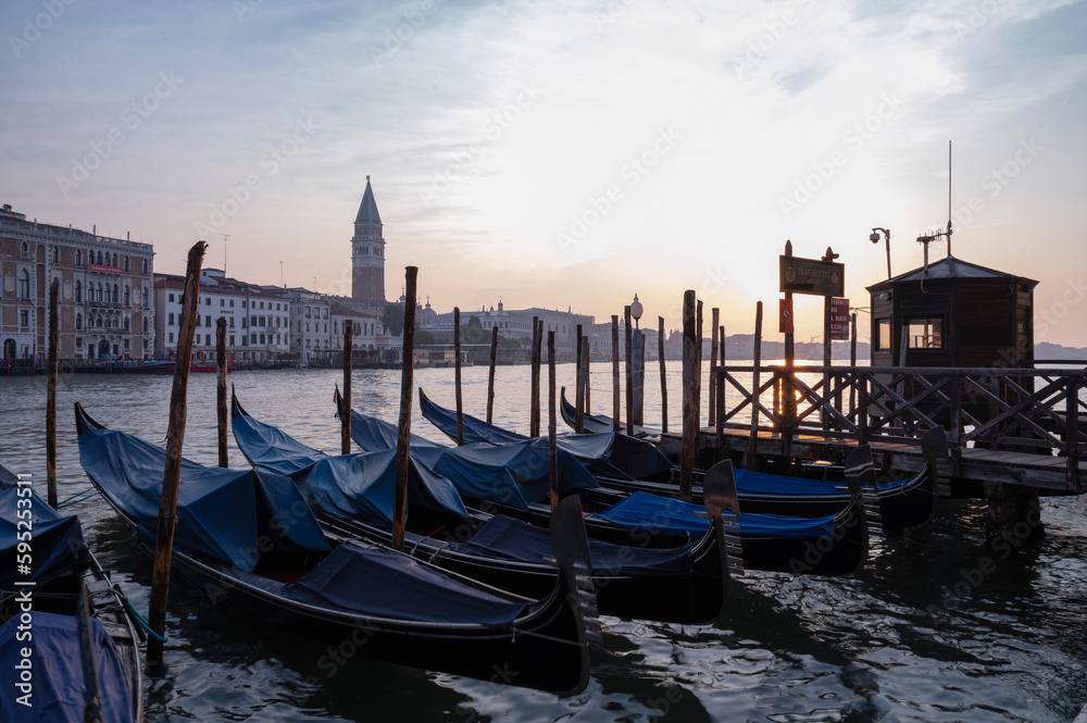 Gondola Station on Grand Canal at sunrise, Venice, Italy