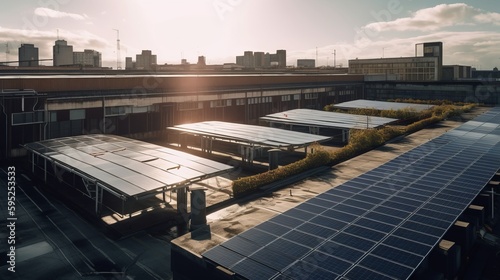 Solar panels installed on the roof of a building. Photovoltaic modules. AI generated
