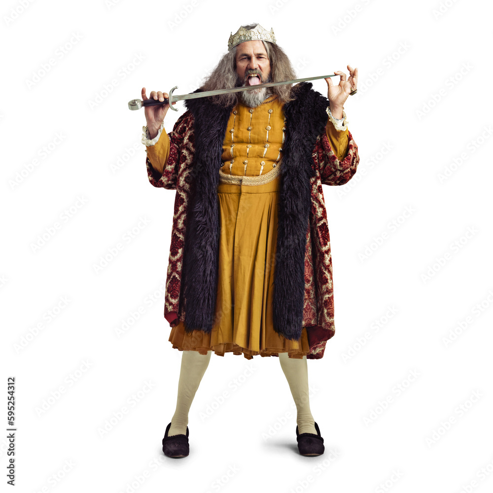 Man, king and lick sword in portrait, crazy and bloodlust for theatre production by transparent png background. Royal leader, monarch and isolated actor with crown, medieval fashion and taste blade