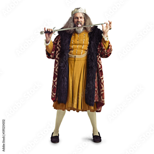 Man, king and lick sword in portrait, crazy and bloodlust for theatre production by transparent png background. Royal leader, monarch and isolated actor with crown, medieval fashion and taste blade