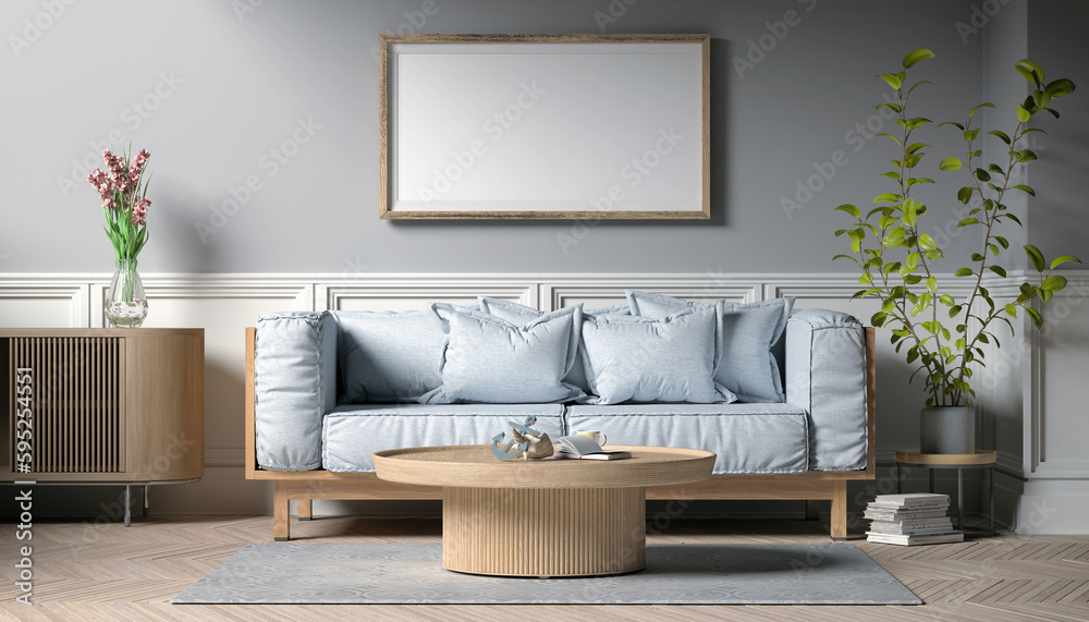 3d Illustration - Skandinavisches, nordisches Wohnzimmer mit einem Sofa und einem Tisch. - Textfreiraum - Platzhalter - obrazy, fototapety, plakaty 