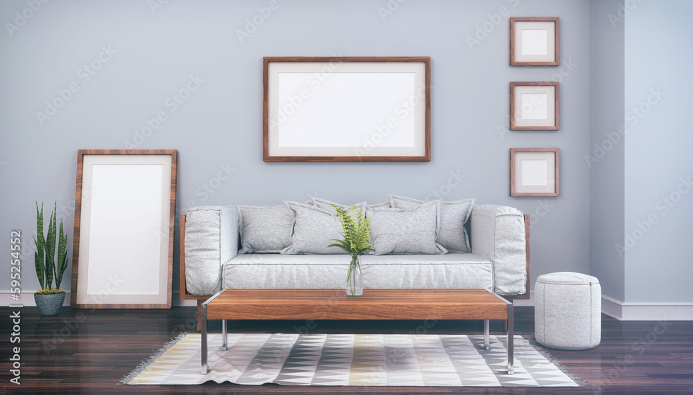 Fototapeta premium Illustration - Skandinavisches, nordisches Wohnzimmer mit einer Couch, Tisch und einem Teppich - leere Bilderrahmen - Textfreiraum - Platzhalter - Retro Look