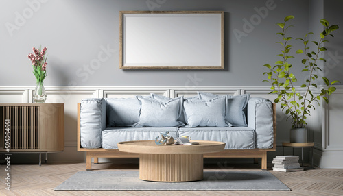 3d Illustration - Skandinavisches, nordisches Wohnzimmer mit einem Sofa und einem Tisch. - Textfreiraum - Platzhalter