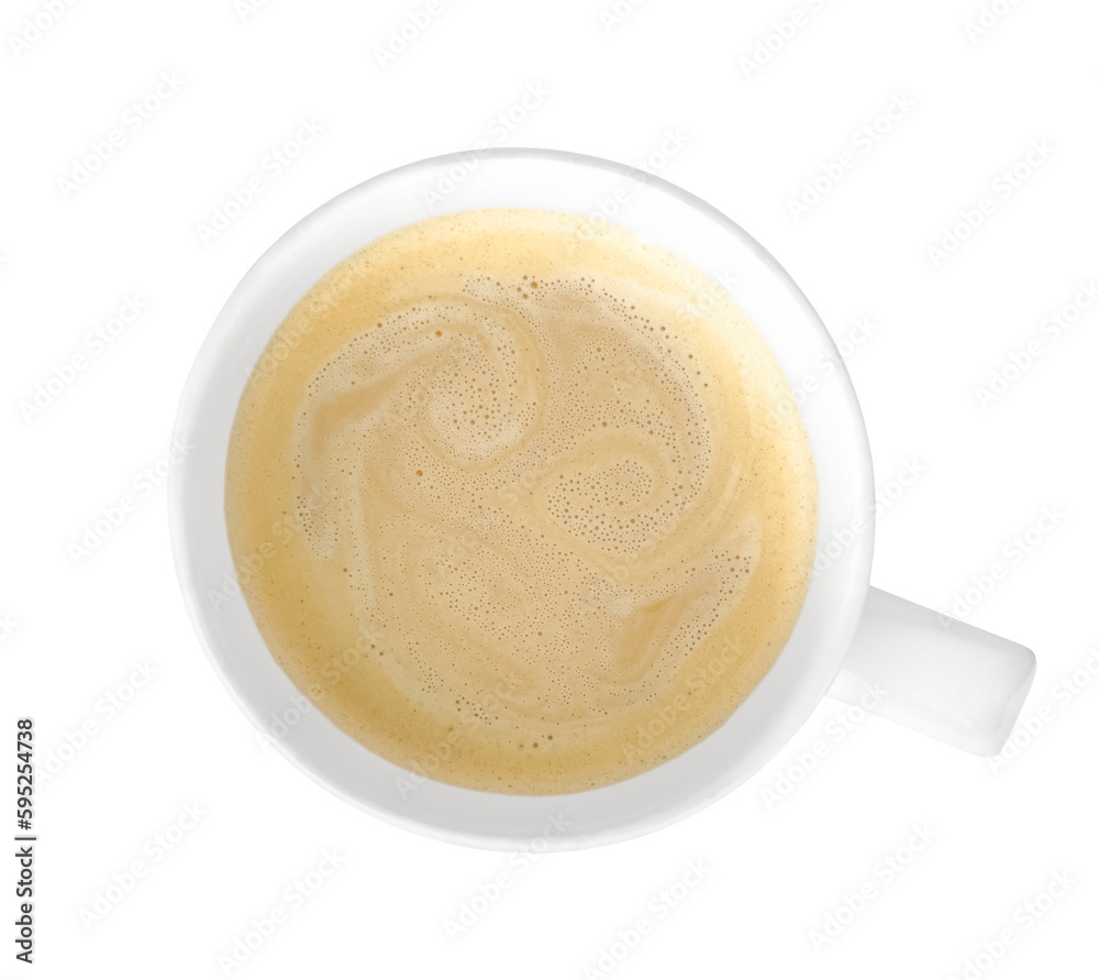 Cappuccino, latte, coffee with milk in a white glass mug. Coffee foam. View from above. On a white background. Isolated. Space for text. Copy space Cappuccino, latte, coffee with milk in a white glass mug. Coffee foam. View from above. On a white background. Isolated. Space for text. Copy space