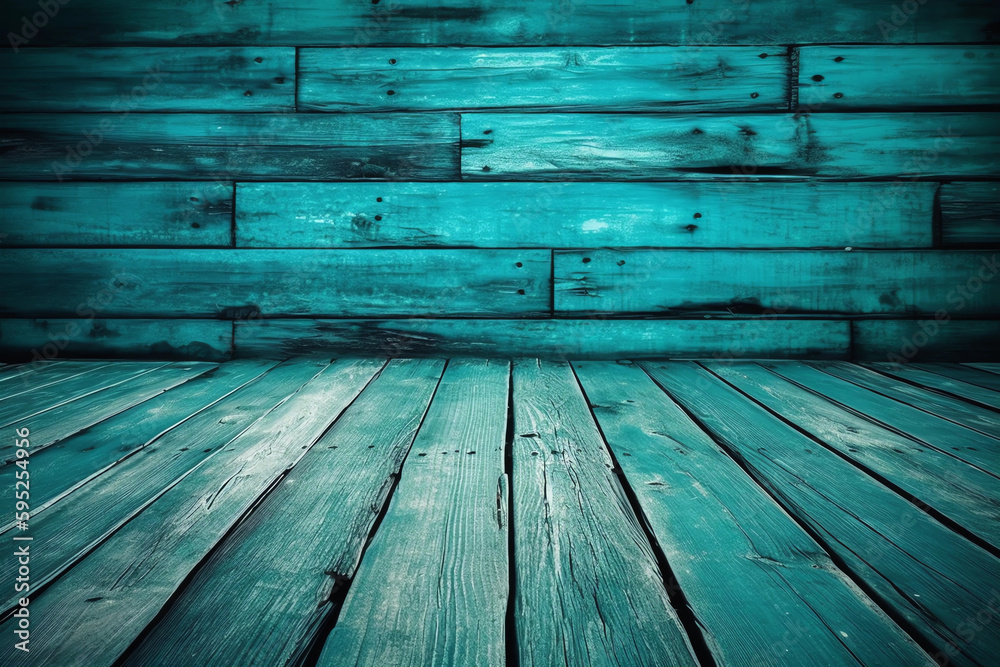 Fototapeta premium Turquoise wooden planks background. generative ai. Wooden texture. Turquoise wood texture. Wood plank background