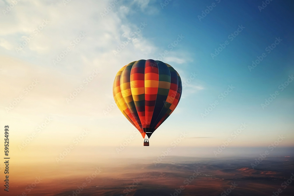 Naklejka premium Colorful hot air balloon flying in the sky. illustration on blue background with copy space