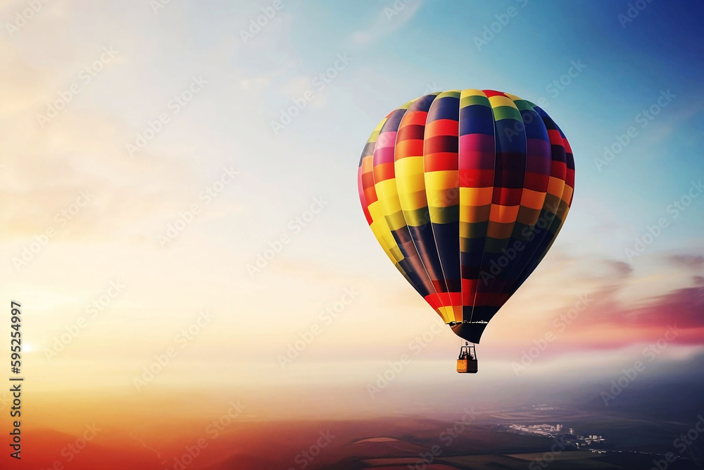 Colorful hot air balloon flying in the sky. illustration on blue background with copy space