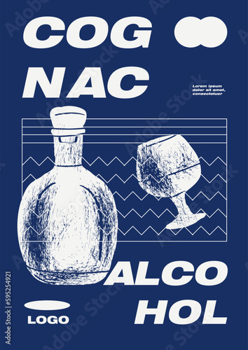Vector illustration of alcohol drink Cognac, poster with bottle of premium french brandy and half full snifter glass. Trendy placard. Vector illustration.