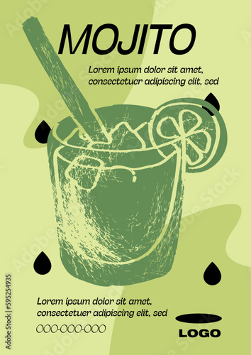 Mojito recipe with ingredient. Summer aperitif with ice, lime. Garnished alcoholic beverage graphic print. Minimalist contemporary vertical print. Vector illustration