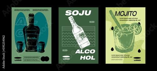 Mojito, Apsinthe, soju Cocktail recipe with ingredient. Summer aperitif with ice. Garnished alcoholic beverage graphic print. Minimalist contemporary vertical print. Vector illustration