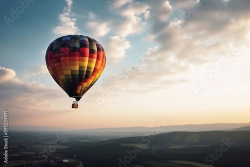 Colorful hot air balloon flying in the sky. illustration on blue background with copy space