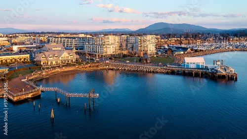 Aerial shot of Sidney Waterfront including hotels in Sidney, BC Canada