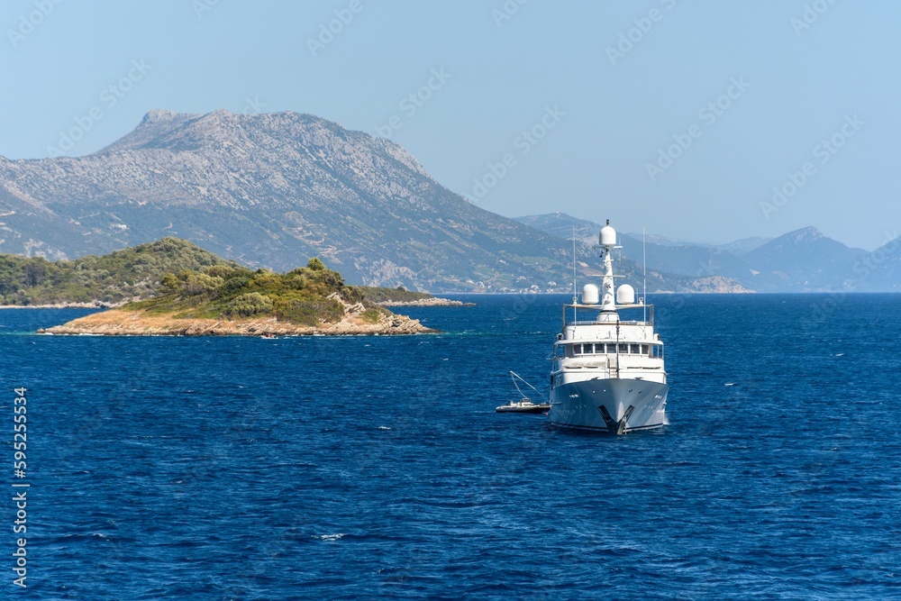 Luxury yacht near the Peljesac peninsula on the coast of the Adriatic sea in Croatia.