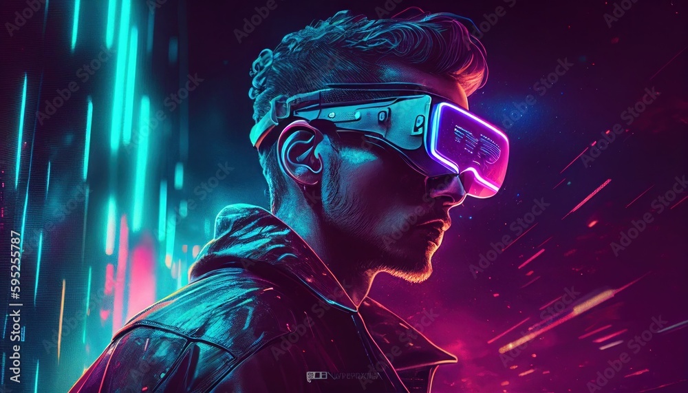 Close-up man wearing virtual reality glasses in cyberpunk style by Generative AI Close-up man wearing virtual reality glasses in cyberpunk style by Generative AI