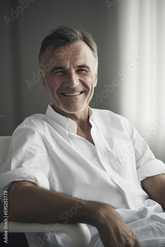 Generated with AI Happy laughing mature man, smiling middle-aged old senior confident, portrait, sitting on a chair, ia generated