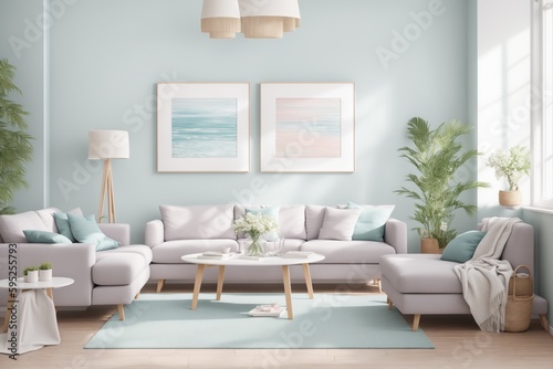 Interior mockup with picture frame on a Wall. Living room in pastel colors with sofa and painting on a wall 3D render. © Viktor