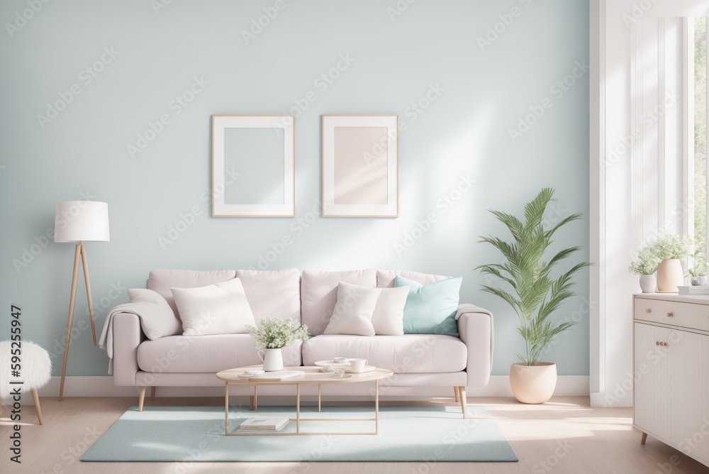 Interior mockup with picture frame on a Wall. Living room in pastel colors with sofa and painting on a wall 3D render.