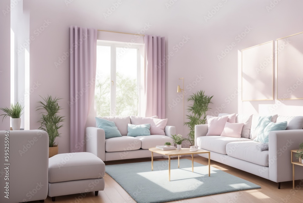 Interior mockup with picture frame on a Wall. Living room in pastel colors with sofa and painting on a wall 3D render.