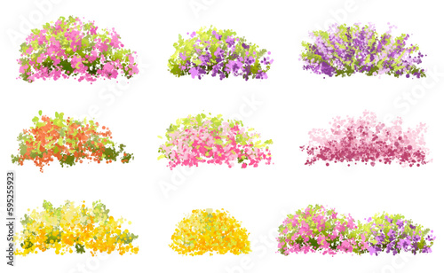 set of flowers, Vector watercolor blooming flower tree or forest side view isolated on white background for landscape and architecture drawing,elements for environment or and garden,botanical element 