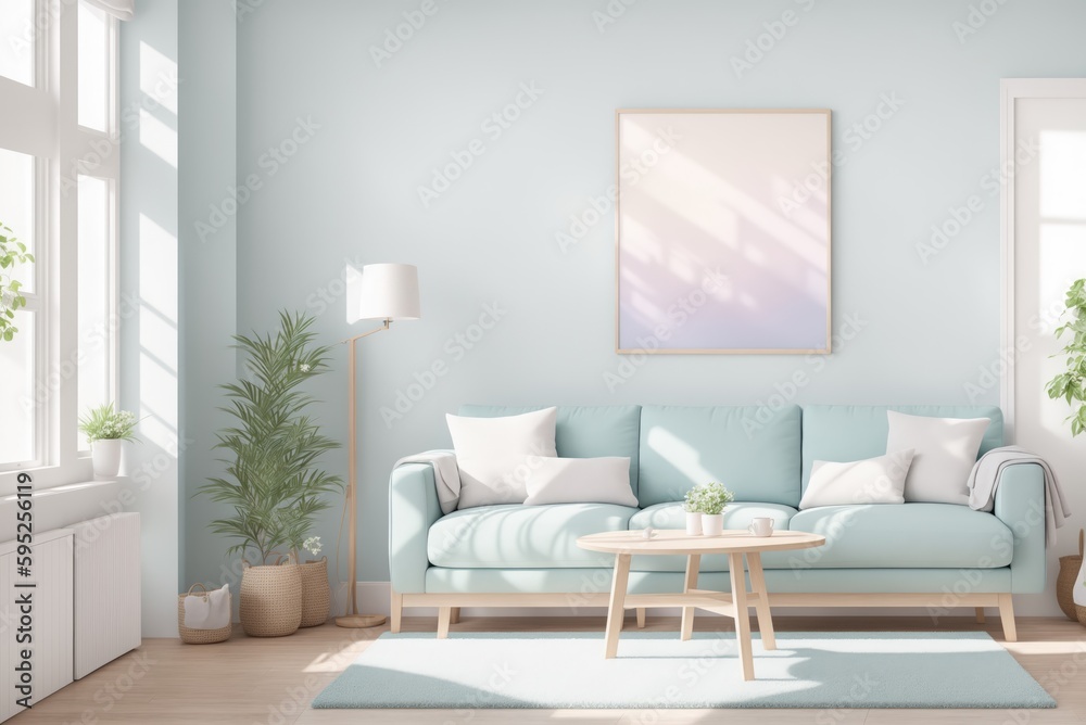 Interior mockup with picture frame on a Wall. Living room in pastel colors with sofa and painting on a wall 3D render. Interior mockup with picture frame on a Wall. Living room in pastel colors with sofa and painting on a wall 3D render.