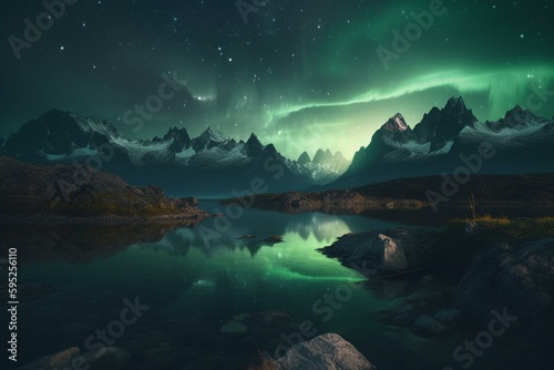 A stunning AI-generated image of northern lights illuminating mountains and lakes. Generative AI