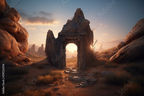 Illustration of a fantasy portal in the desert. Generative AI
