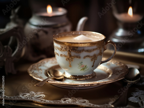 Elegant caf   au lait in gold-rimmed porcelain cup - generative AI