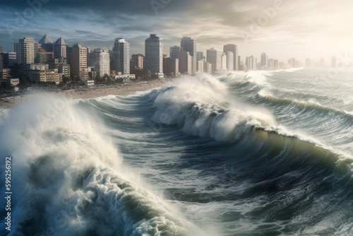Tsunami is coming after an underwater earthquake in the World Ocean. A huge terrible waves capable of destroying a city on the coast. Disaster. AI generated, made by AI, artificial intelligence