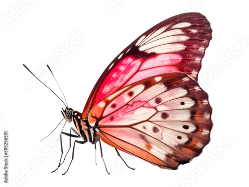 Beautiful pink tropical Morpho butterfly with wings spread and isolated on white background, close-up macro, Generative AI technology