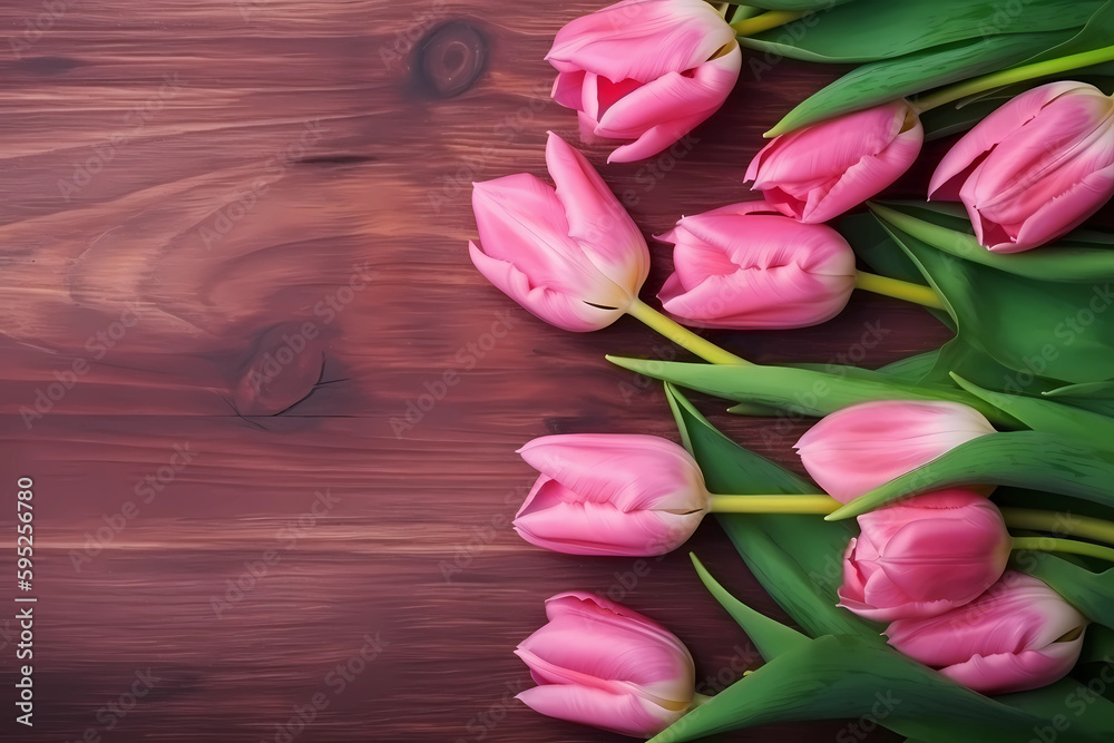 Tulip border with copy space. Beautiful frame composition of spring flowers. generative ai.Bouquet of pink tulips flowers on pink vintage wooden background
