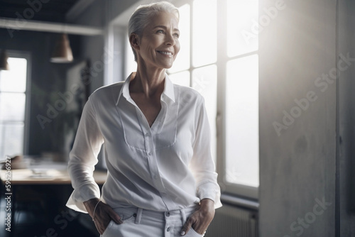 Generated with AI Happy laughing elegant mature woman, business woman, smiling middle-aged old senior confident, portrait, Standing on a wall, ia generated