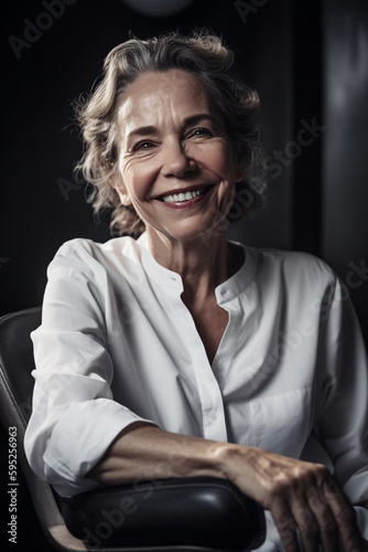 Generated with AI Happy laughing mature woman, smiling middle-aged old senior confident, portrait, sitting on a chair, ia generated