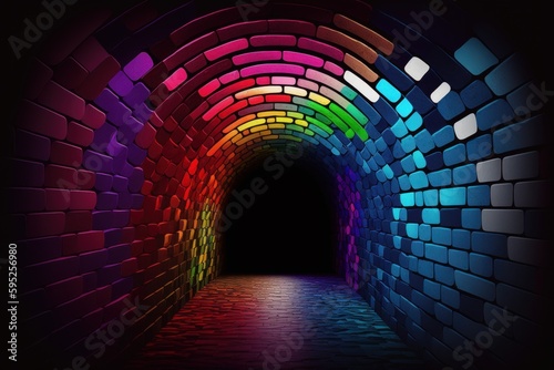 illustration of dark tunnel of rainbow colors. Generative AI