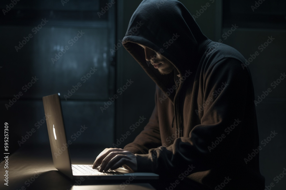 a hooded man using a laptop computer at night. Generative Ai a hooded man using a laptop computer at night. Generative Ai