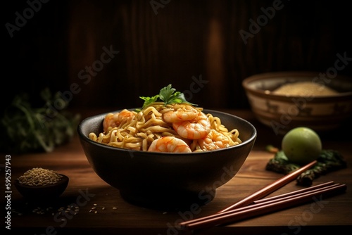 Scampi and wasabi topped fried noodles, served in a Japanese bowl with chopsticks. Generative AI